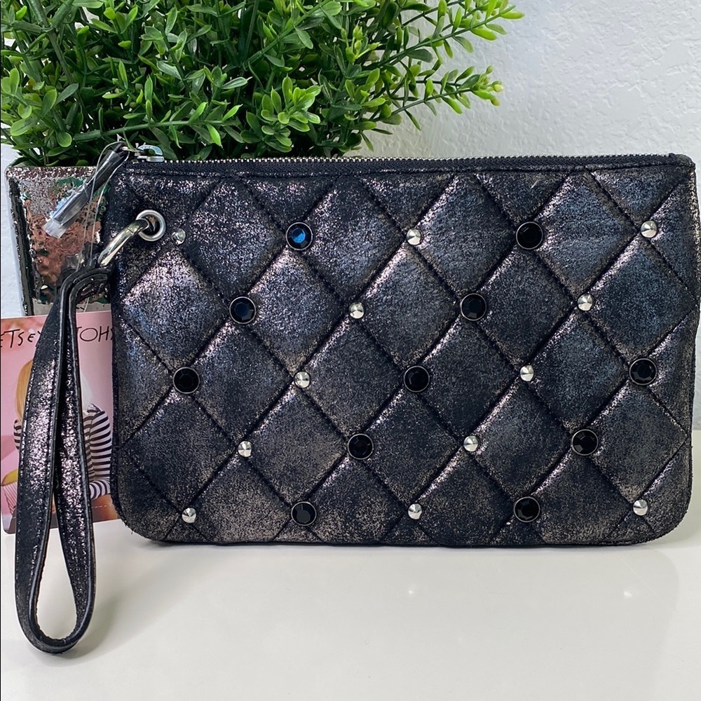 Betsey Johnson Glam Black Studed Quilted‎ Clutch Wristlet Pewter